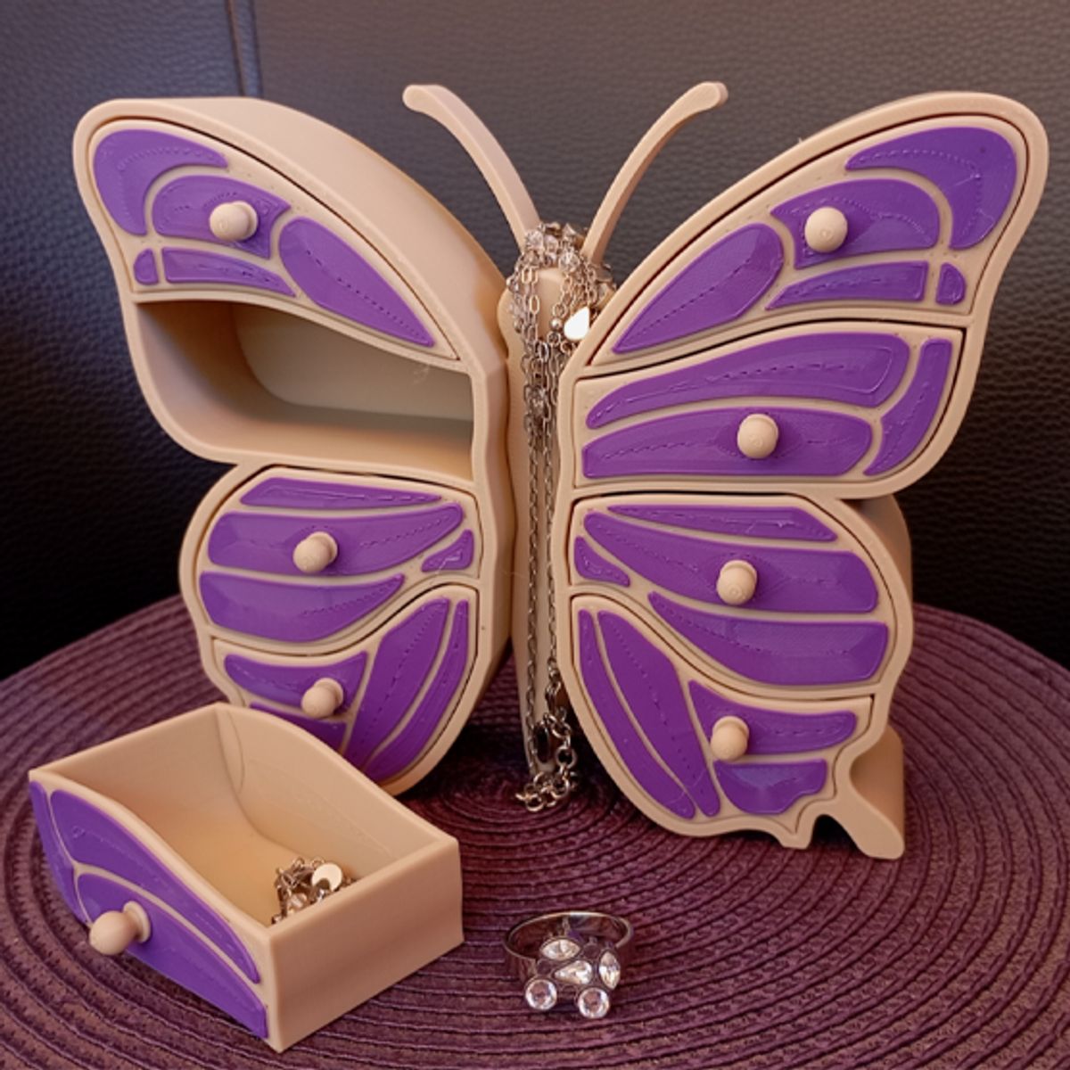 GENERICO - Joyero Con Cajón De Mariposa Beige Y Morado