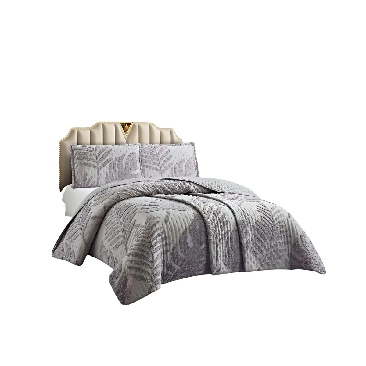 GENERICO - QUILT VERANO DISEÑO HOJA TUFTING 2 PLAZAS GRIS