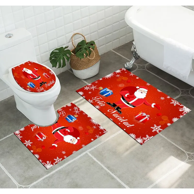 GENERICO - PACK PARA BAÑOS 3 ALFOMBRAS LISAS CON DISEÑOS NAVIDEÑOS