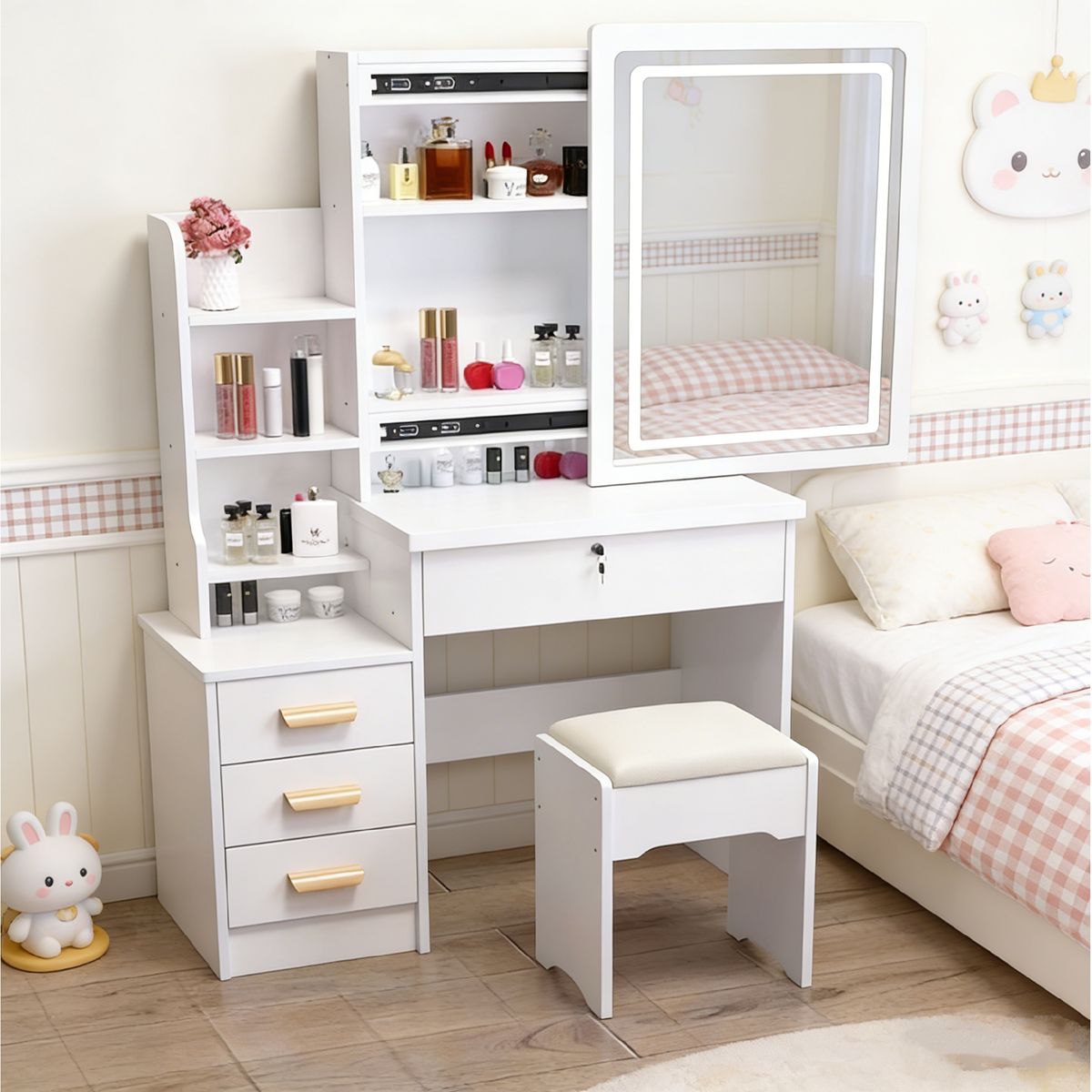 YOMYM - Mueble De Tocador Con Taburete 100×36×138cm Blanco