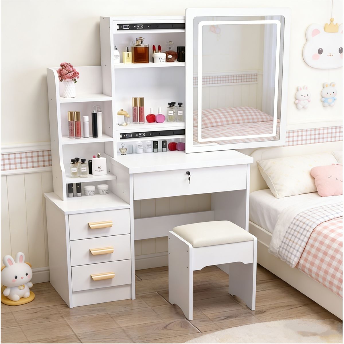 YOMYM - Mueble De Tocador Con Taburete 100×36×138cm Blanco