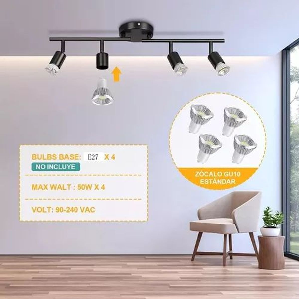 TNAKIEX - Luz Cálida Pack 4 Foco Monofasico Lámpara A Techo + Riel