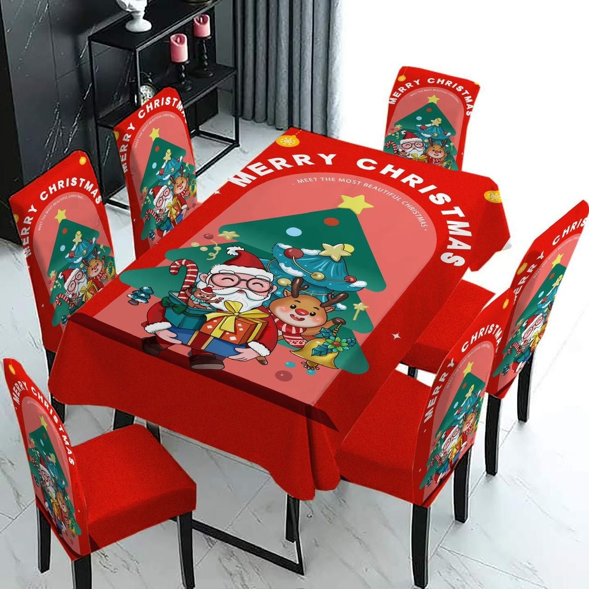 GENERICO - mantel con 6 fundas sillas elástica diseño MERRY CHRISTMAS CMIO