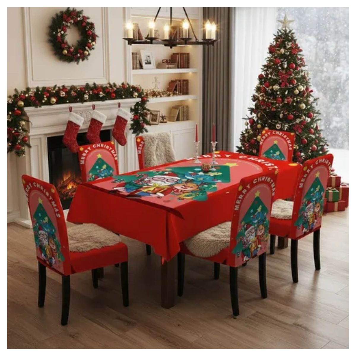 GENERICO - mantel con 6 fundas sillas elástica diseño MERRY CHRISTMAS CMIO