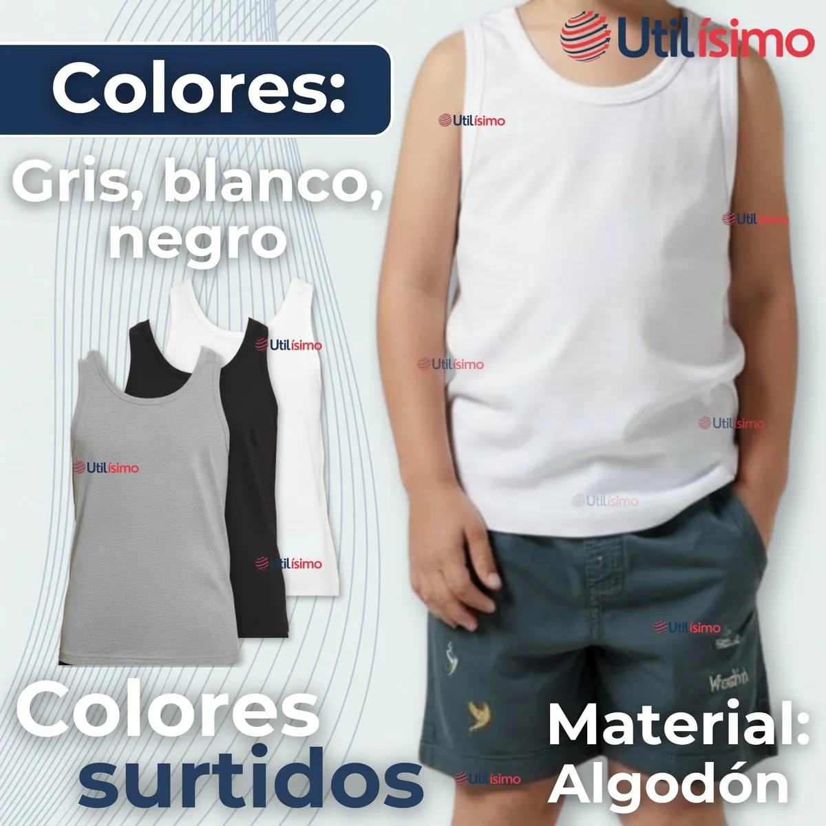 UTILISIMO - Camiseta Sin Manga Básica Suave 100% Algodón Colores Surtidos Niño