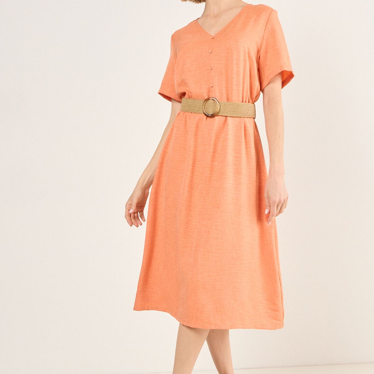 MA GRIFFE - Vestido Con Cinturon Mujer Naranjo Magriffe