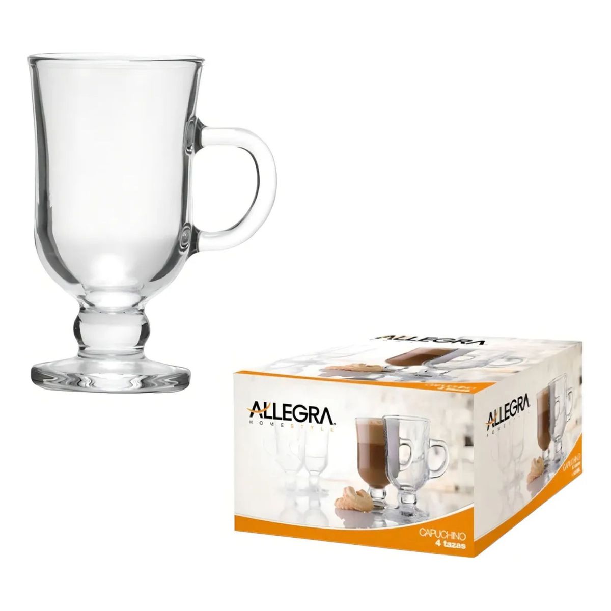 ALLEGRA - Set Tazas Capuchino Café Té Vidrio Grueso Premium X4