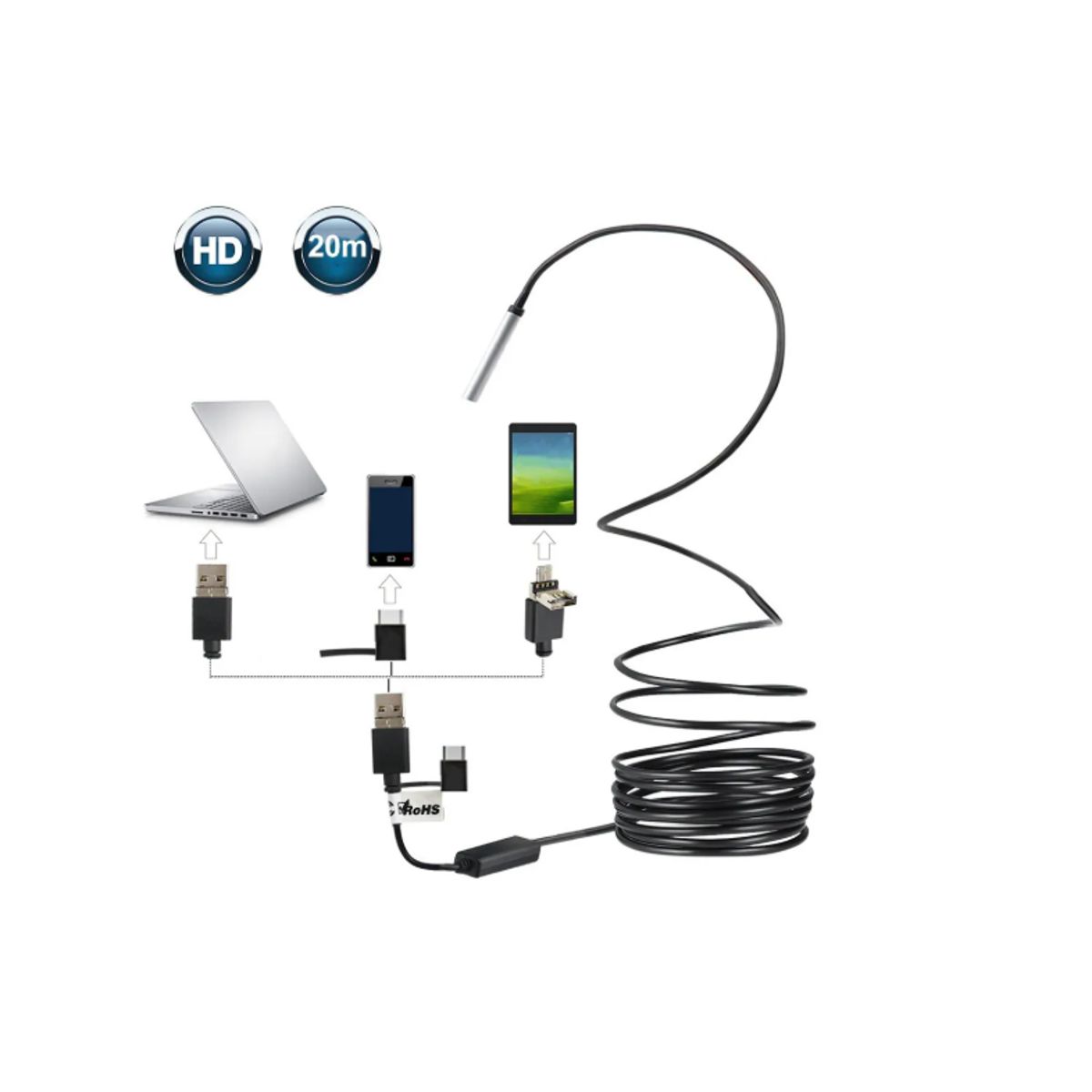 GENERICO - Camara Endoscopica Serpiente Usb Micro Y C Otg Android 20mt