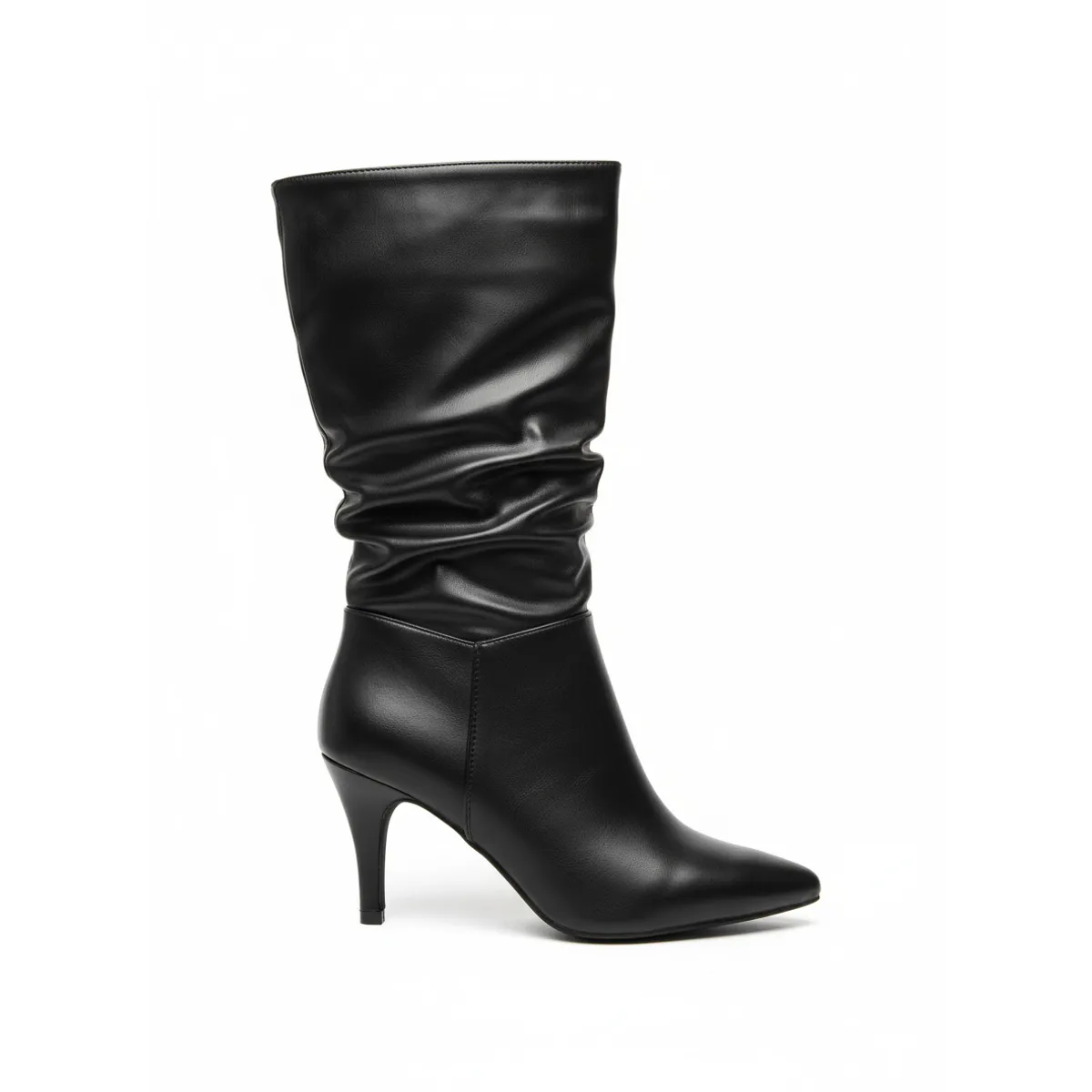 BOVINITA - Bota Mujer Negra Taco Aguja Fina Caña Arrugada Elegante