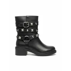 BOVINITA - Bota Mujer Negra Biker Tachas Rockeras Caña Media Taco Bajo