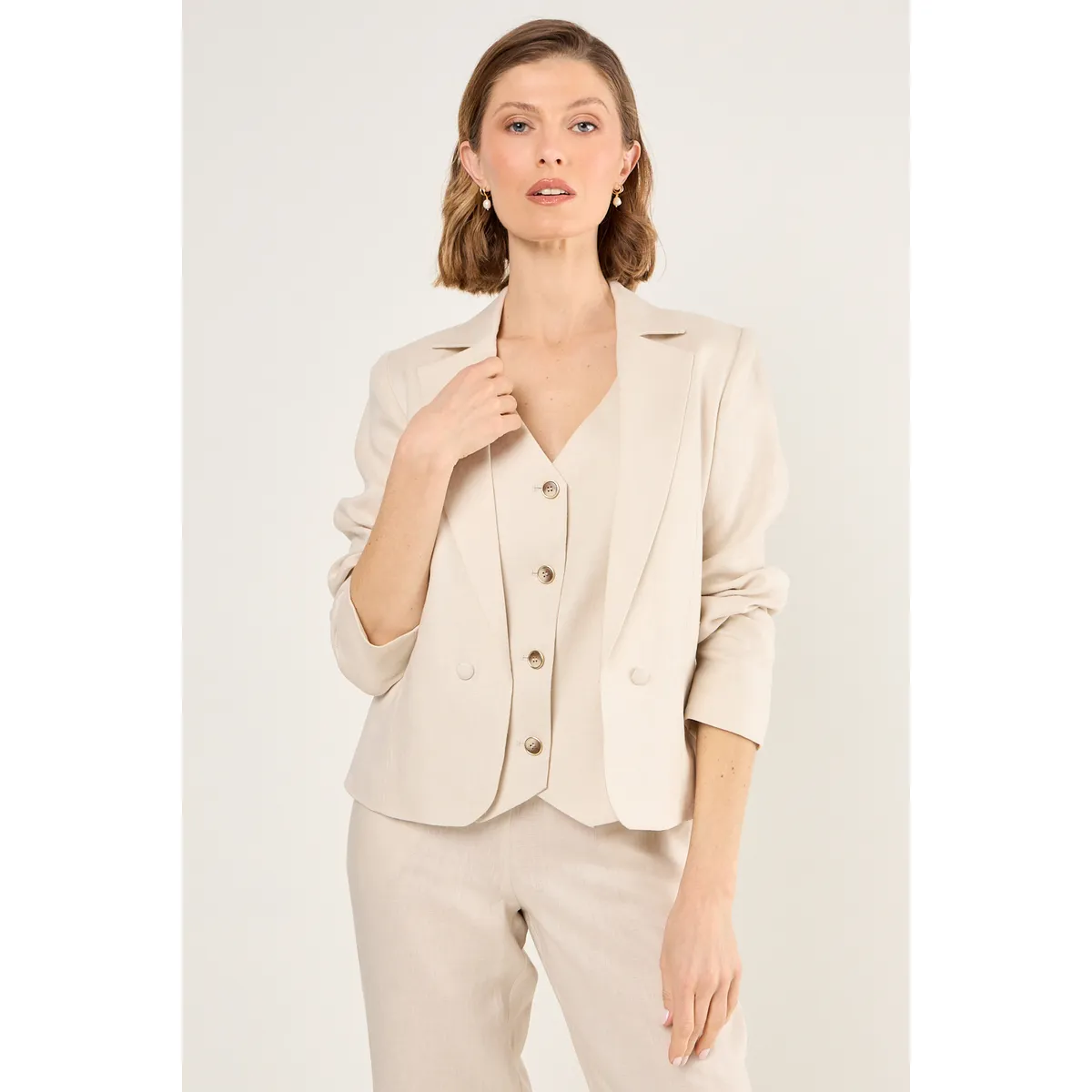 MA GRIFFE - Blazer De Lino Corto Mujer Beige Magriffe