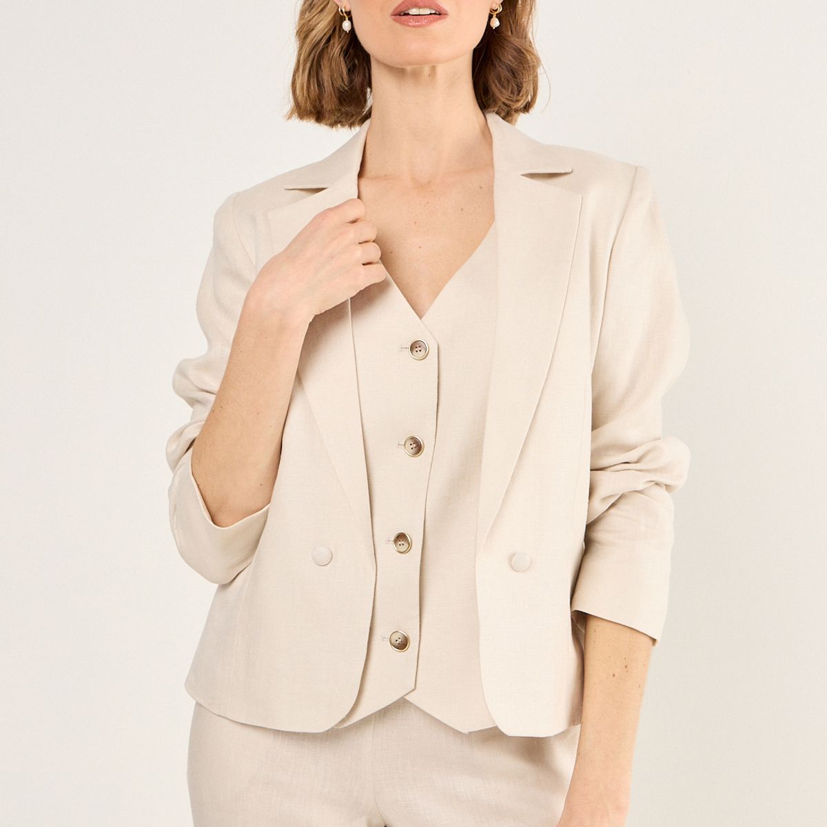 MA GRIFFE - Blazer De Lino Corto Mujer Beige Magriffe