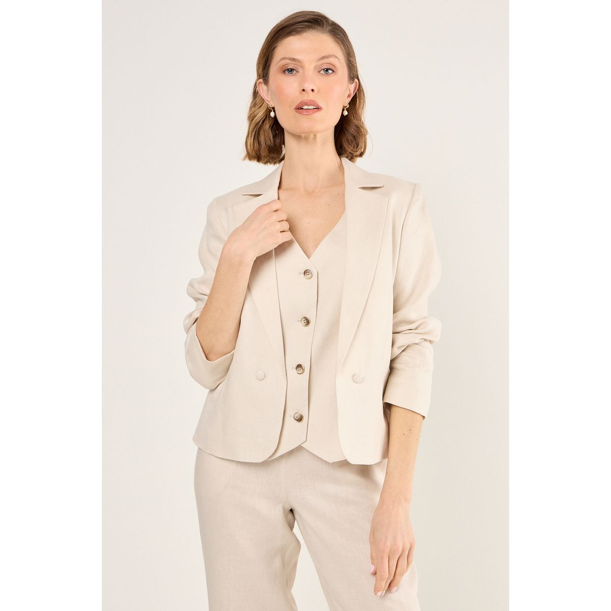 MA GRIFFE - Blazer De Lino Corto Mujer Beige Magriffe