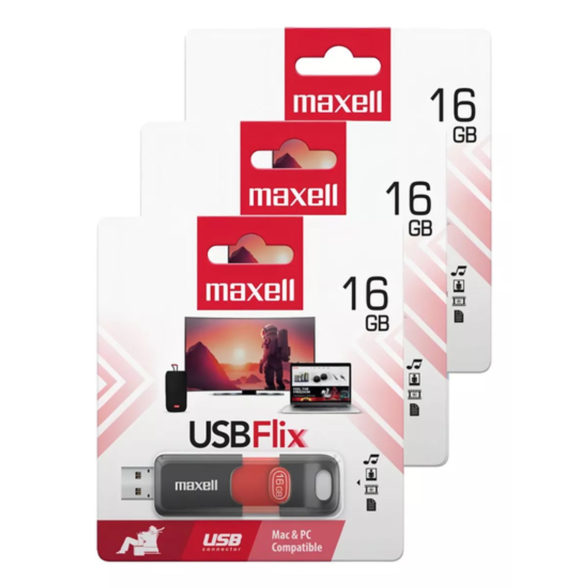 GENERICO - Pack de 3 Pendrives Maxell Flix 16GB 20 Color Rojo