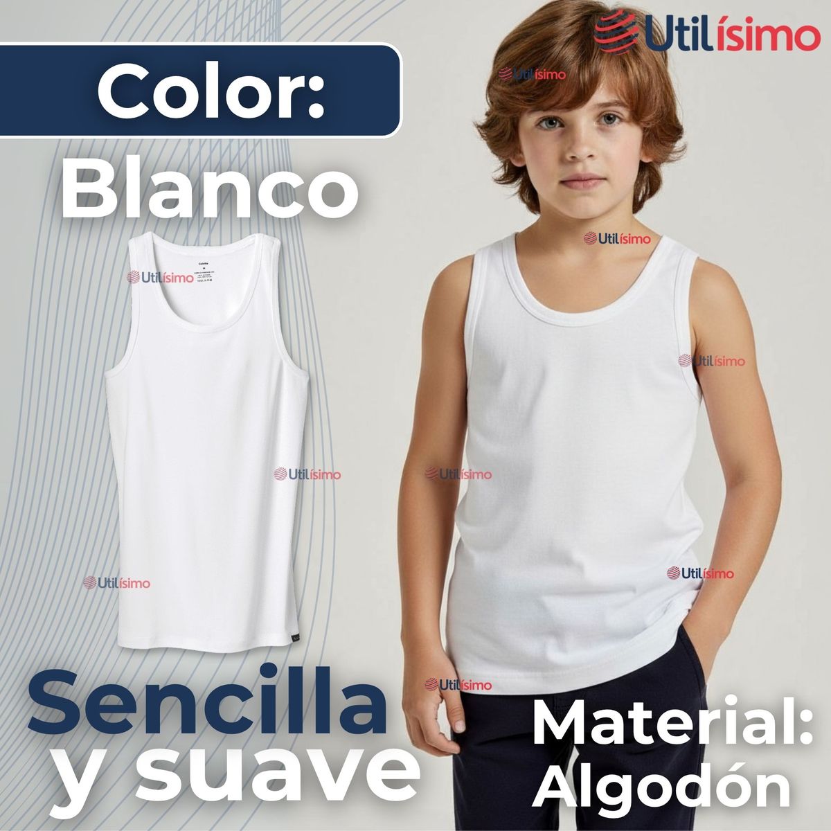 UTILISIMO - Camiseta Sin Manga Básica Suave 100% Algodón Blanco Niño Juvenil y Hombre