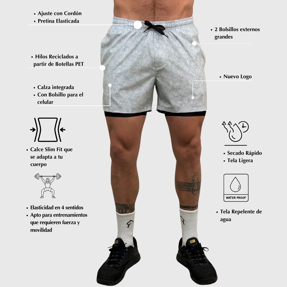 KONKO ACTIVE - Short Deportivo Hombre Con Calza 2 en 1 Perfect Gray Konko