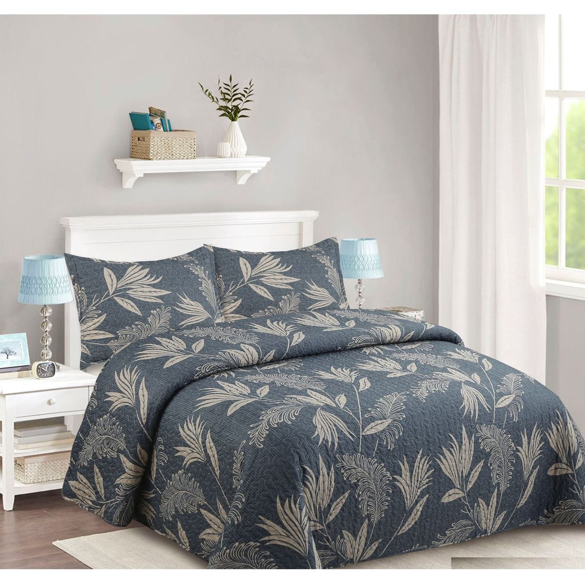 COMPRAPO - Cubrecama Quilt Liviano 2 Plazas Azul Botánico + 2 Fundas 50x70 Cm