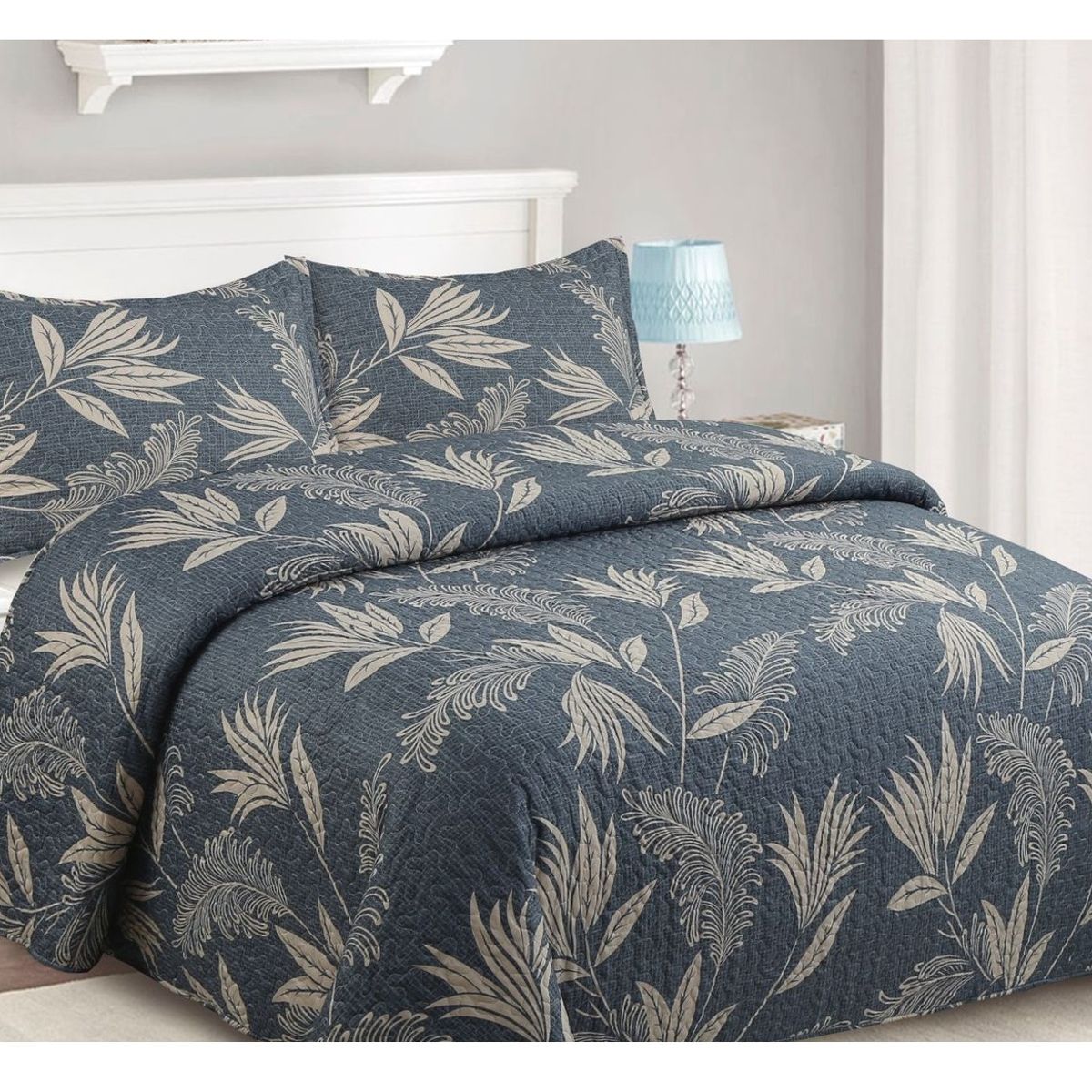 COMPRAPO - Cubrecama Quilt Liviano 2 Plazas Azul Botánico + 2 Fundas 50x70 Cm