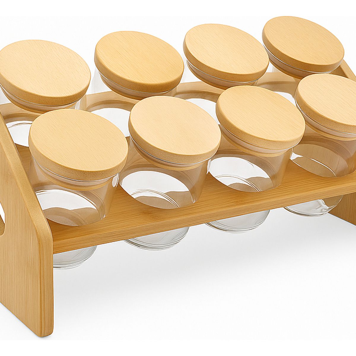 GENERICO - Set 8 Frascos Para Condimentos  Vidrio Tapa Bambu + Soporte
