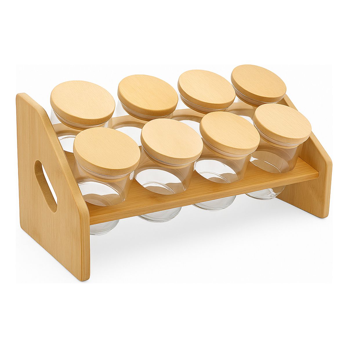 GENERICO - Set 8 Frascos Para Condimentos  Vidrio Tapa Bambu + Soporte