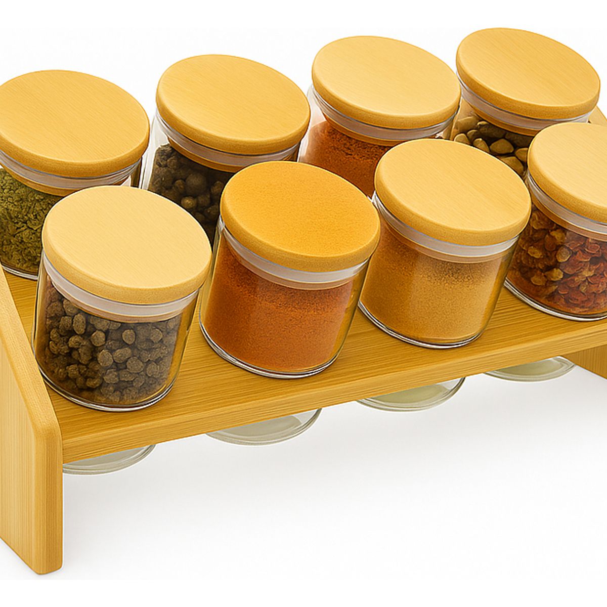 GENERICO - Set 8 Frascos Para Condimentos  Vidrio Tapa Bambu + Soporte
