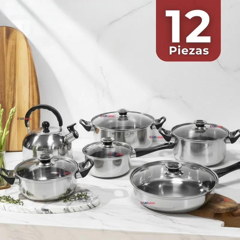 LINE - Mini Batería de Cocina 12 Piezas de Acero Inox.Tapa de Vidrio Templado