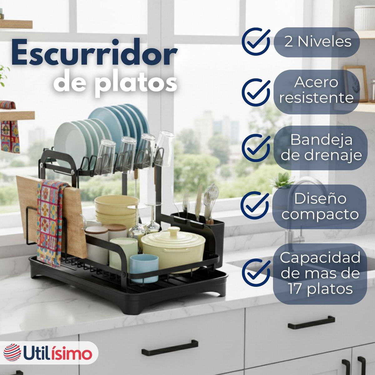 LINE - Secador Escurridor Para Platos Vajilla 2 Niveles Drenaje Automático