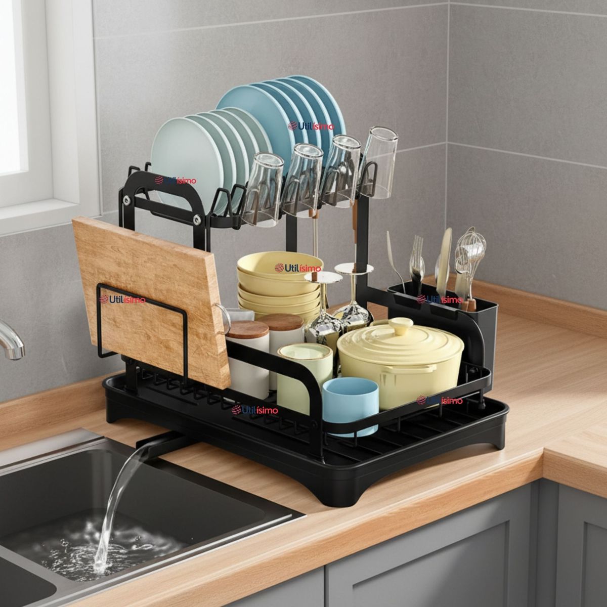 LINE - Secador Escurridor Para Platos Vajilla 2 Niveles Drenaje Automático