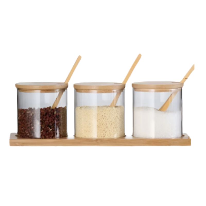 GLASSO - Frascos con Tapa de Bambu Especieros + Bandeja + Cuchara Madera