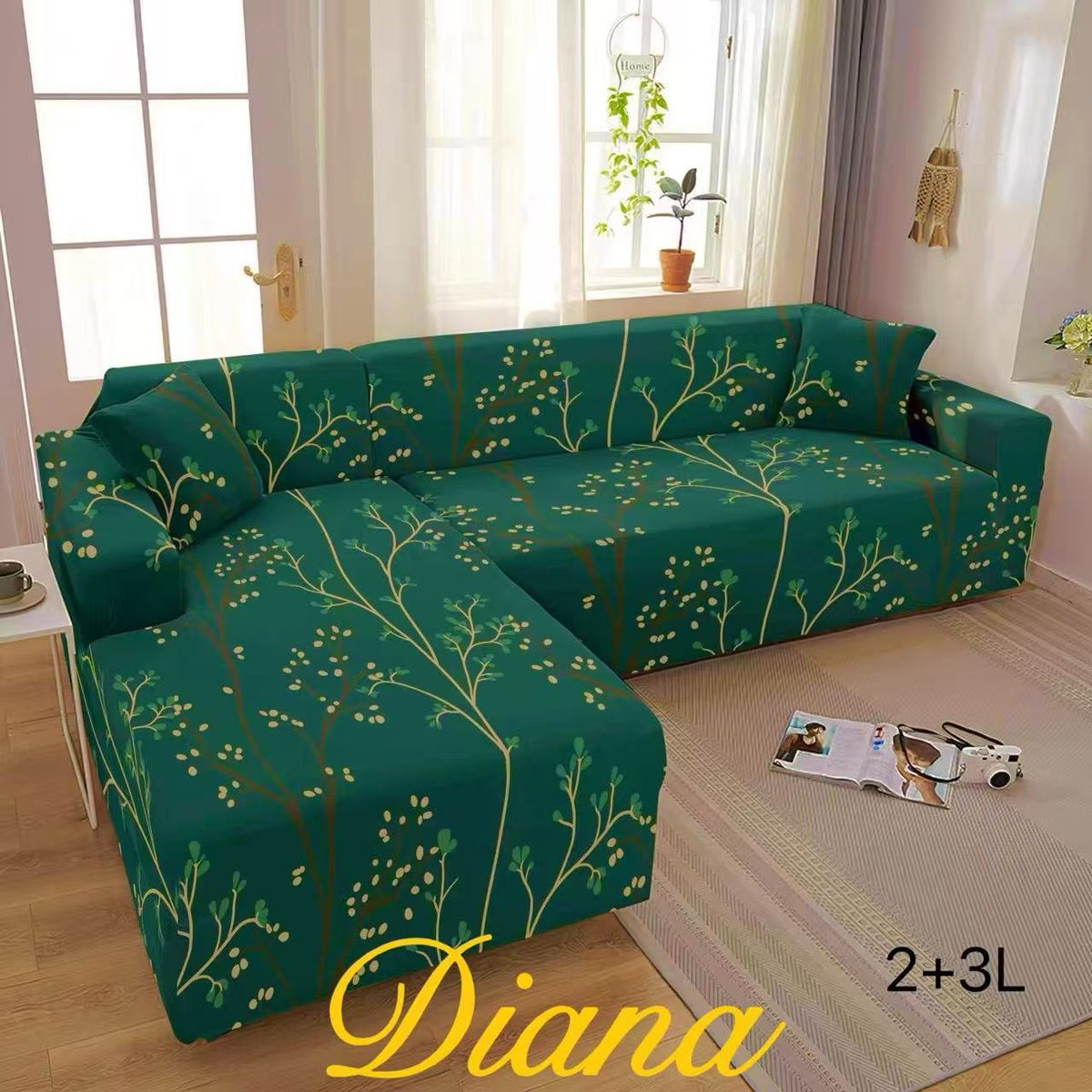DIANA - FUNDA ELASTIZADA PARA SILLON TIPO L, VERDE RAMAS 2 PIEZA, 3 + 2 CUERPO