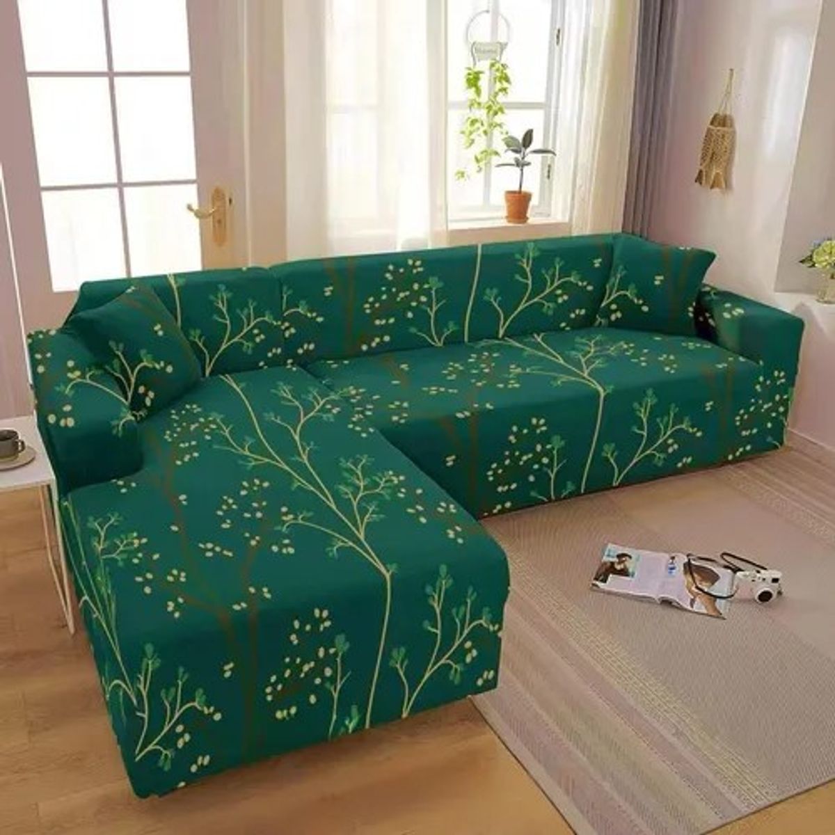 DIANA - FUNDA ELASTIZADA PARA SILLON TIPO L, VERDE RAMAS 2 PIEZA, 3 + 2 CUERPO
