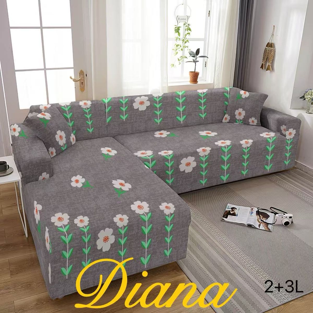 DIANA - FUNDA ELASTIZADA PARA SILLON TIPO L GRIS FLORES 2 PIEZA 3 + 2 CUERPO