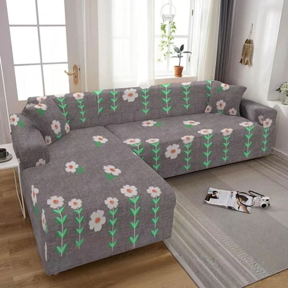 DIANA - FUNDA ELASTIZADA PARA SILLON TIPO L GRIS FLORES 2 PIEZA 3 + 2 CUERPO