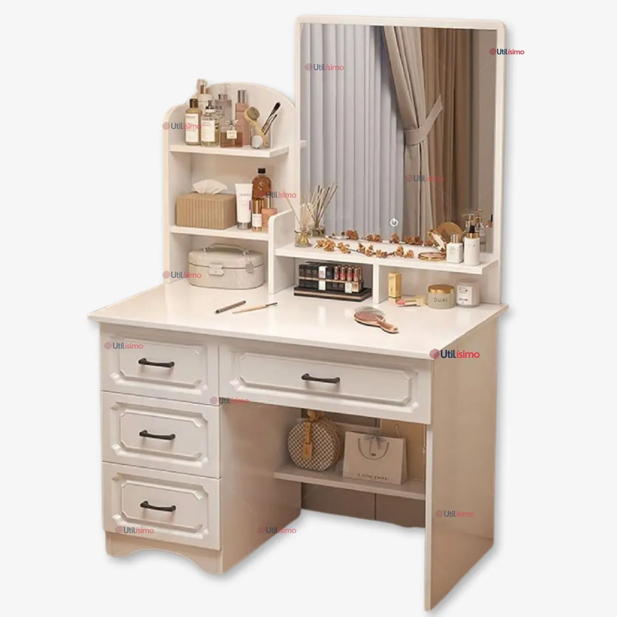 LINE - Tocador De Lujo Espejo Luz Integrada 4 Cajones MDF Blanco 137x80x48cm