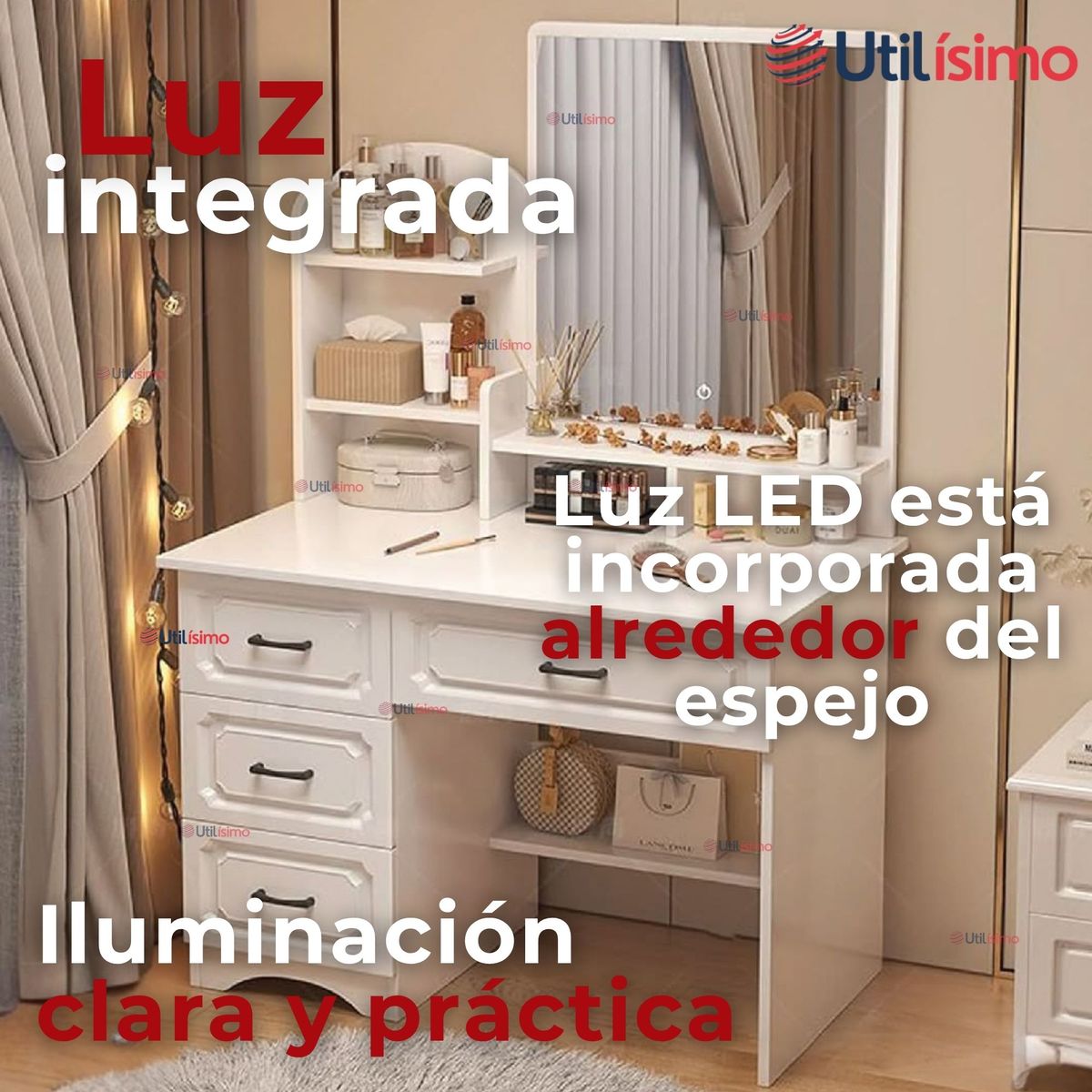 LINE - Tocador De Lujo Espejo Luz Integrada 4 Cajones MDF Blanco 137x80x48cm