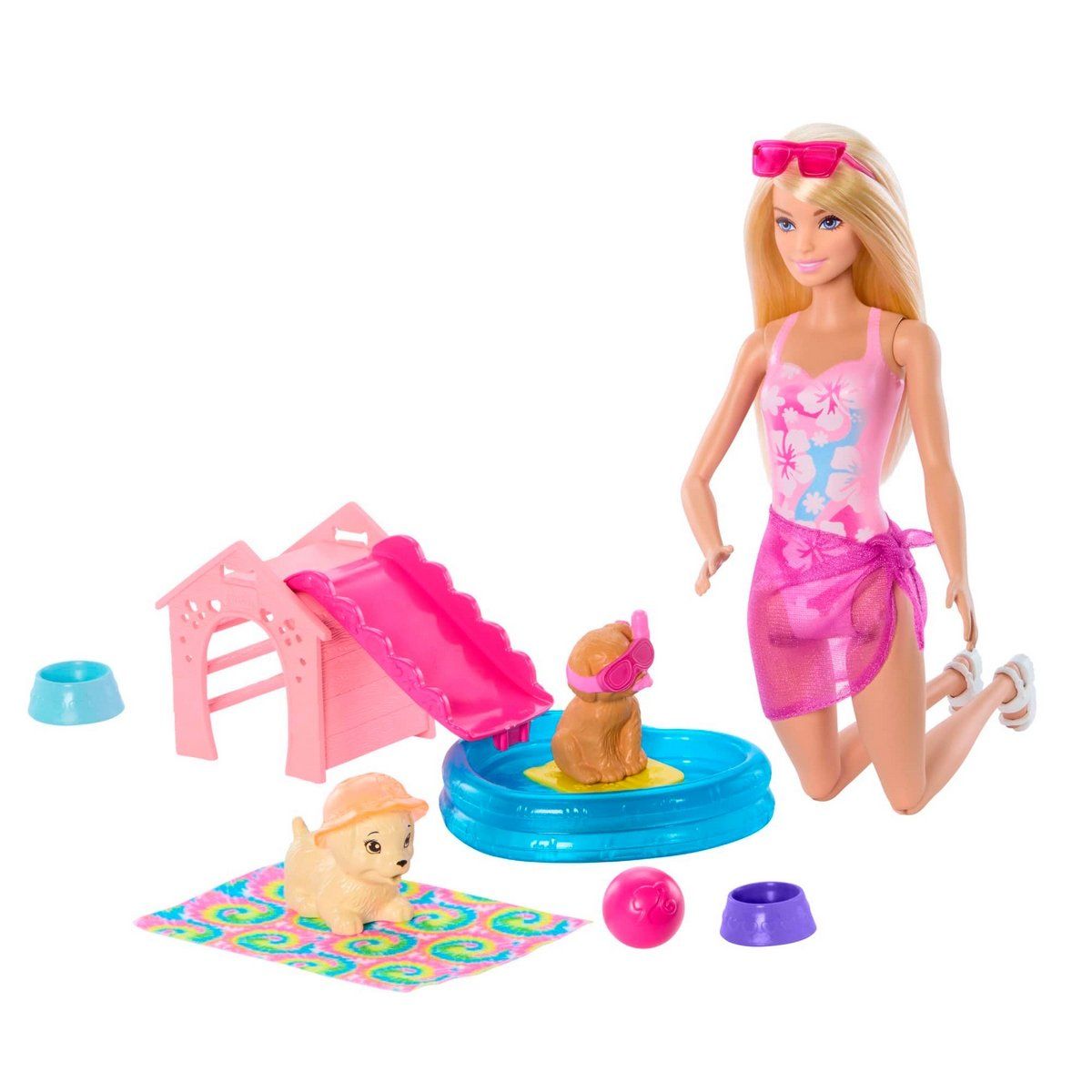 BARBIE - Barbie set de juego fiesta en la piscina con perritos