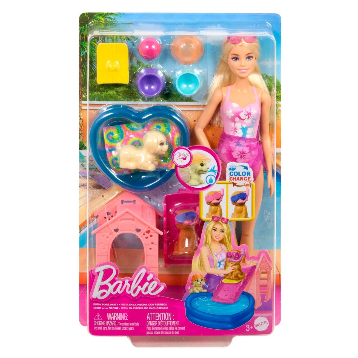 BARBIE - Barbie set de juego fiesta en la piscina con perritos
