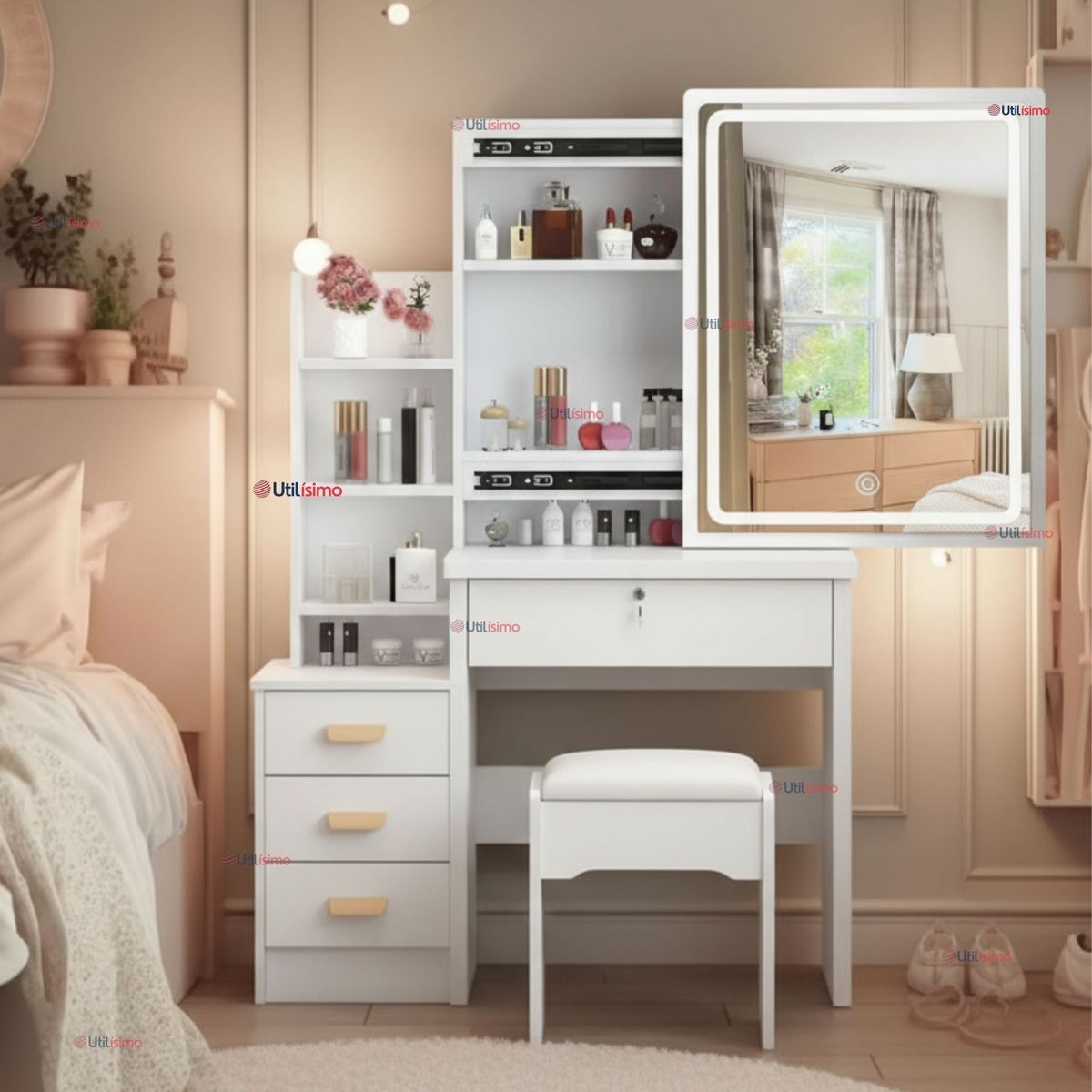 LINE - Tocador Y Taburete De Lujo Espejo Luz Integrada MDF Blanco 80x40x135cm