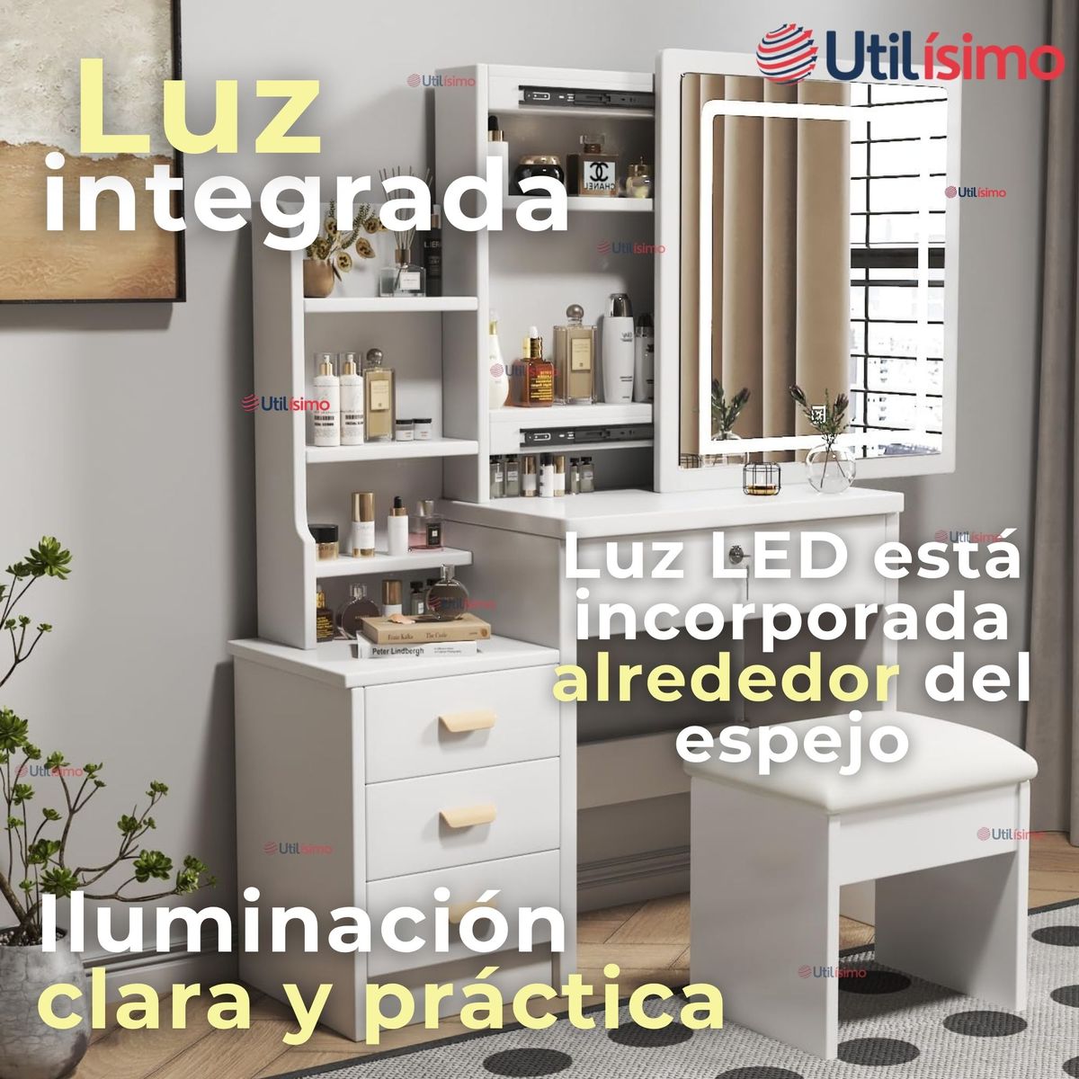 LINE - Tocador Y Taburete De Lujo Espejo Luz Integrada MDF Blanco 80x40x135cm