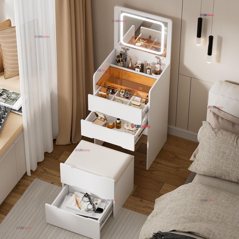 LINE - Tocador De Lujo Plegable Con Taburete Espejo Luz MDF Blanco 80x40x40cm