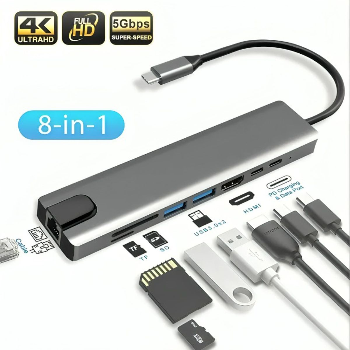 GENERICO - Adaptador Multipuerto Hub tipo C 8 en 1