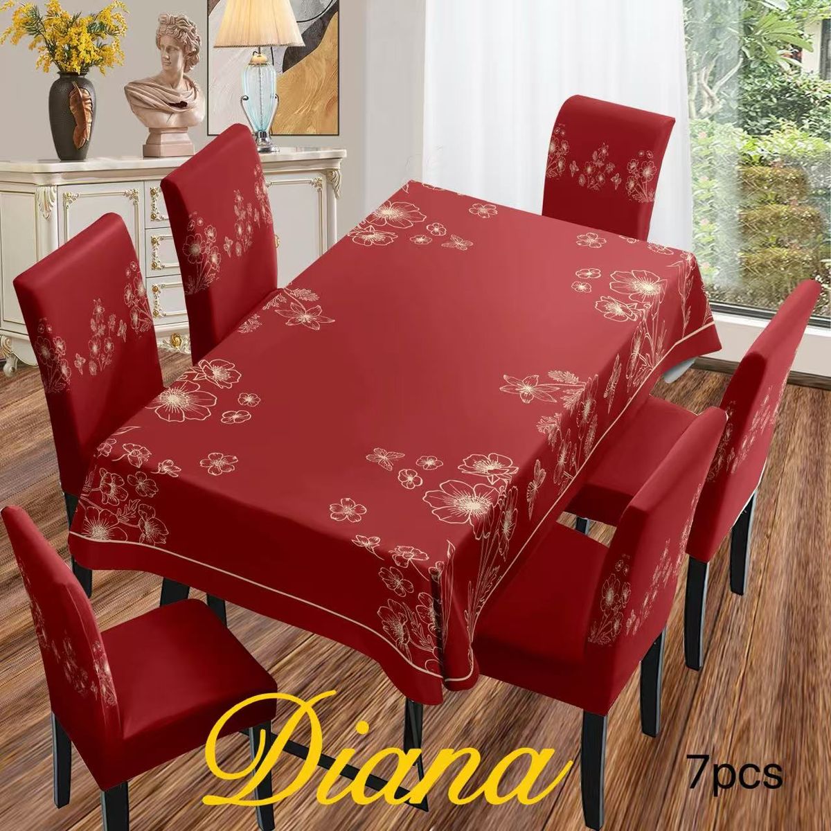 DIANA - SET DE MANTEL ANTIMANCHA + 6 FUNDA SILLAS ELASTIZADAS BURDEO FLORES