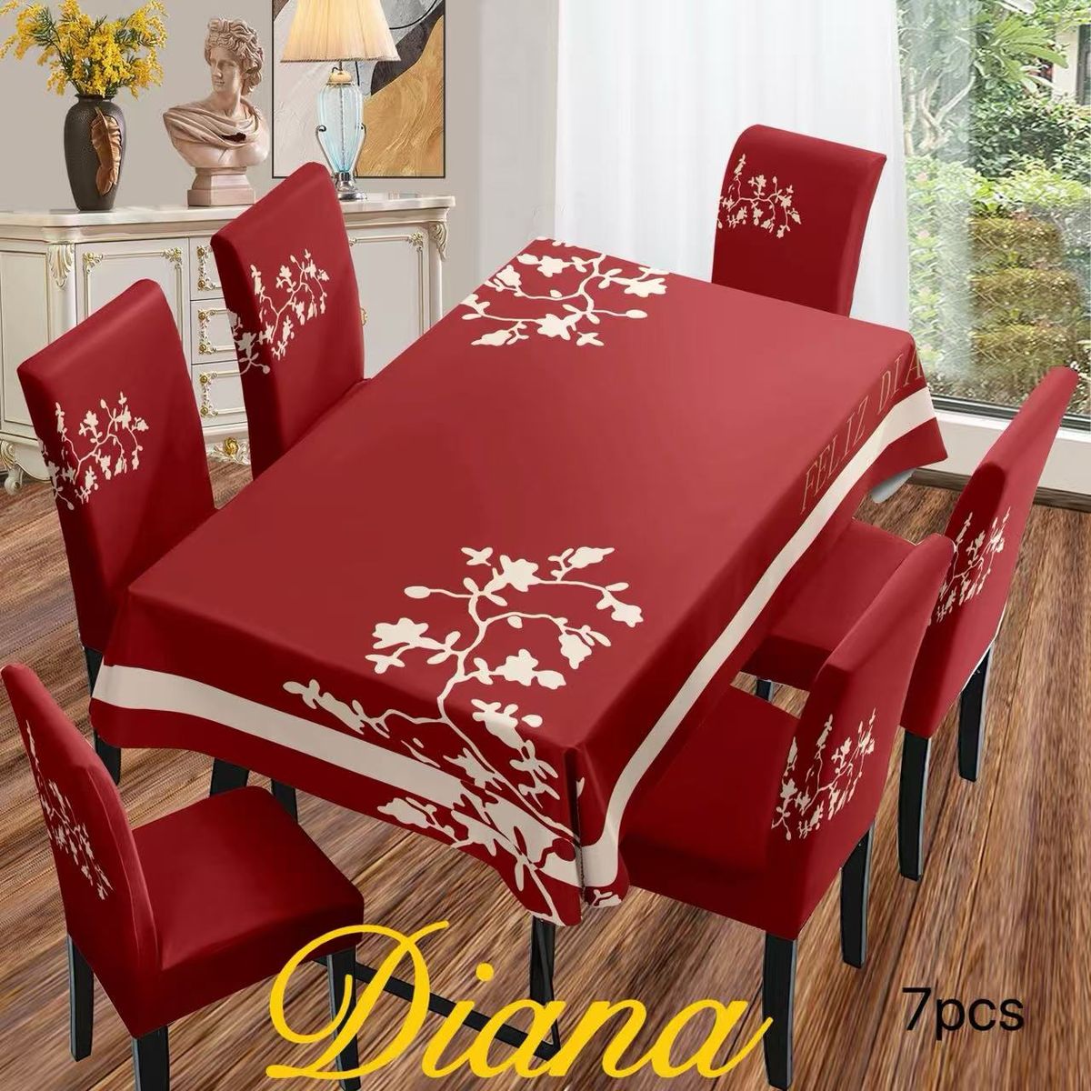 DIANA - SET DE MANTEL ANTIMANCHA + 6 FUNDA SILLAS ELASTIZADAS BURDEO ARBOL