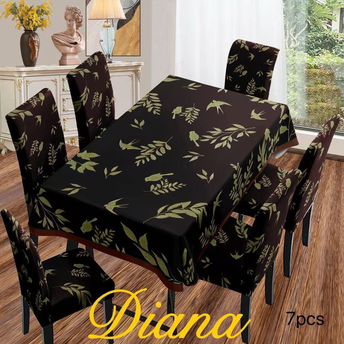DIANA - SET DE MANTEL ANTIMANCHA + 6 FUNDA SILLAS ELASTIZADAS AVES Y HOJAS