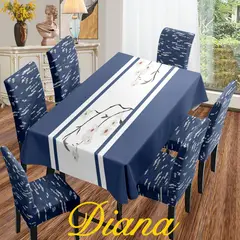 DIANA - SET DE MANTEL ANTIMANCHA + 6 FUNDA SILLAS ELASTIZADAS AZUL FLOR BLANCA