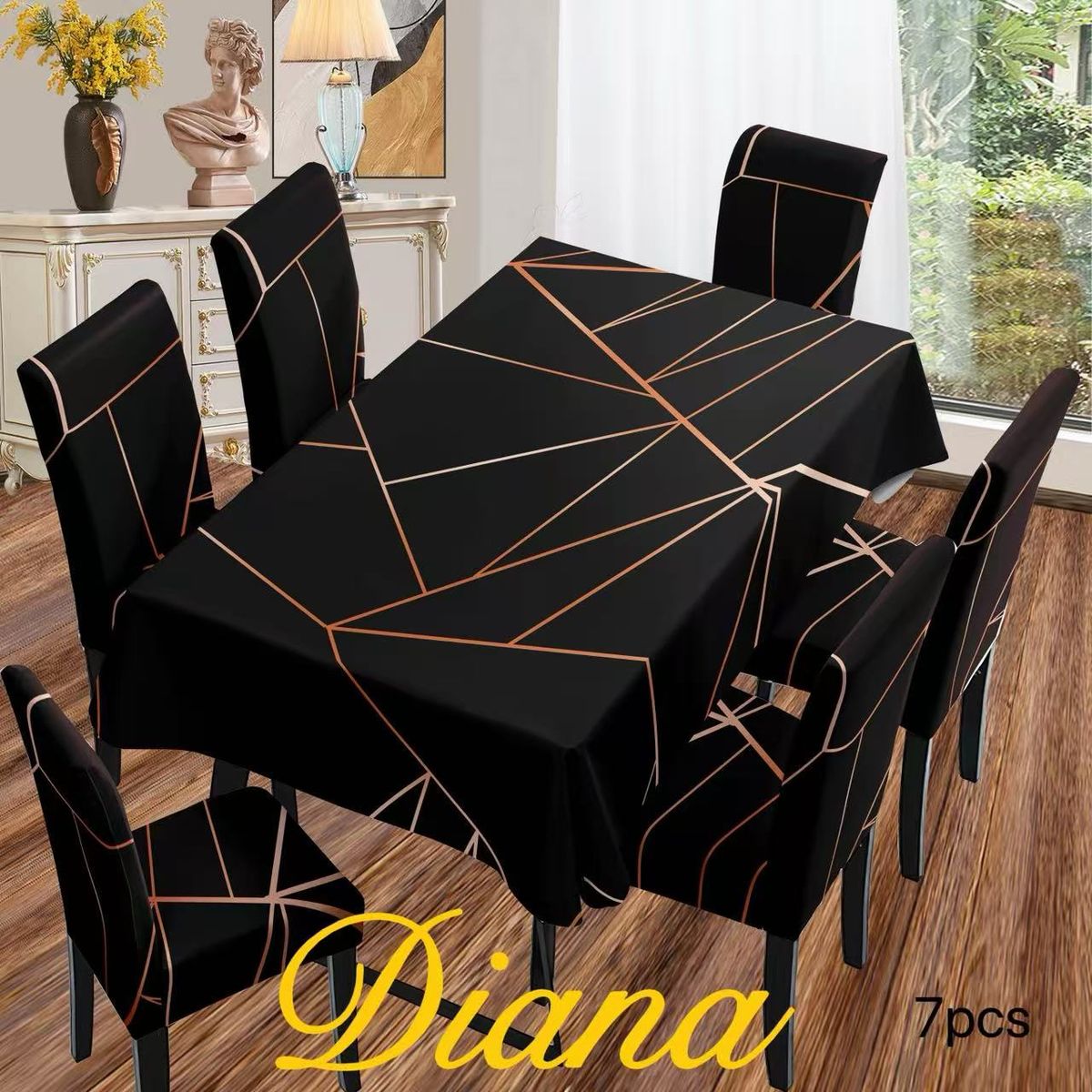 DIANA - SET DE MANTEL ANTIMANCHA + 6 FUNDA SILLAS ELASTIZADAS NEGRO LINEAS