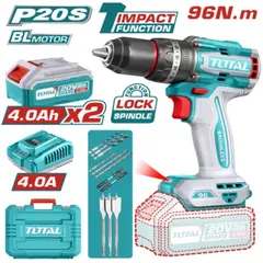 TOTAL - Taladro percutor inalambrico 13mm 96nm 20v 2bats+carg+accs