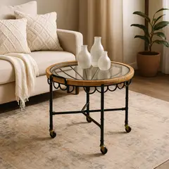 GENERICO - Mesa Auxiliar De Metal Con Ruedas Y Cubierta Vidriada