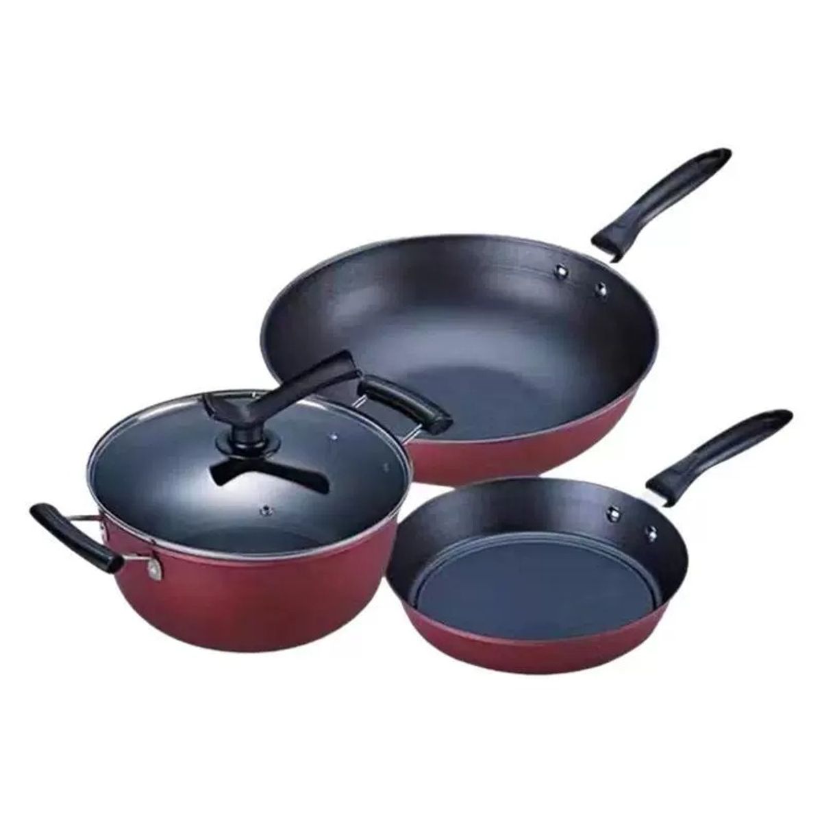 TATEE - Set 3 olla sartén olla de sopa sartén antiadherente 24+24+30cm rojo