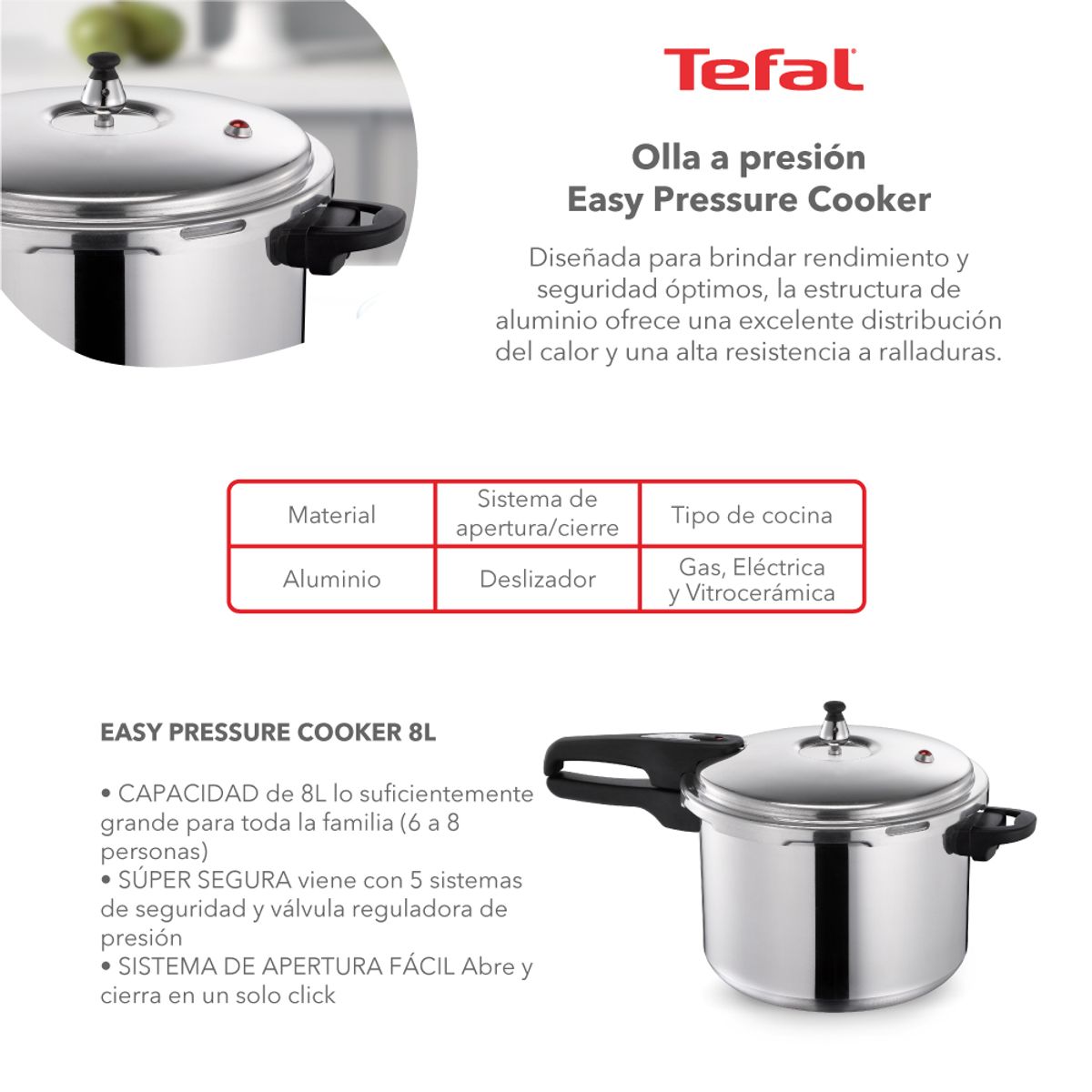 TEFAL - Olla a Presión 7,6 Lts Aluminio Easy